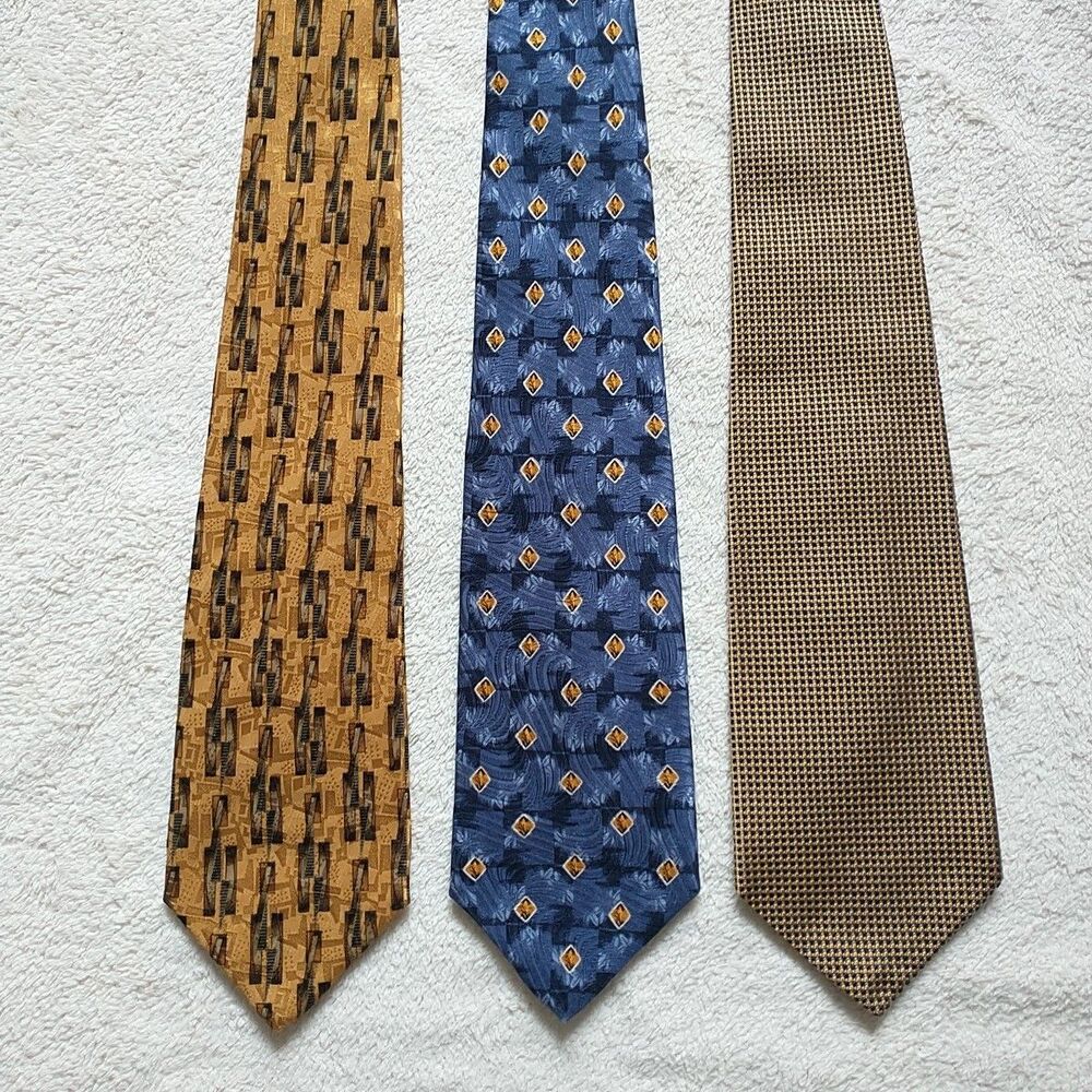 Robert Talbott Studio Necktie Tie Silk Geometric Blue Gold USA ~58" Lot Of 3